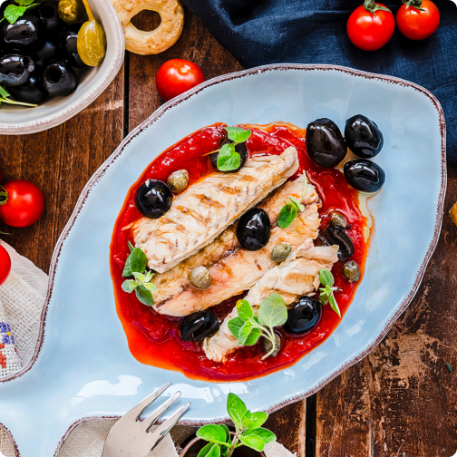 Pizzaiola Grilled Mackerel Fillets, capers, black olives and herbs | Rizzoli
